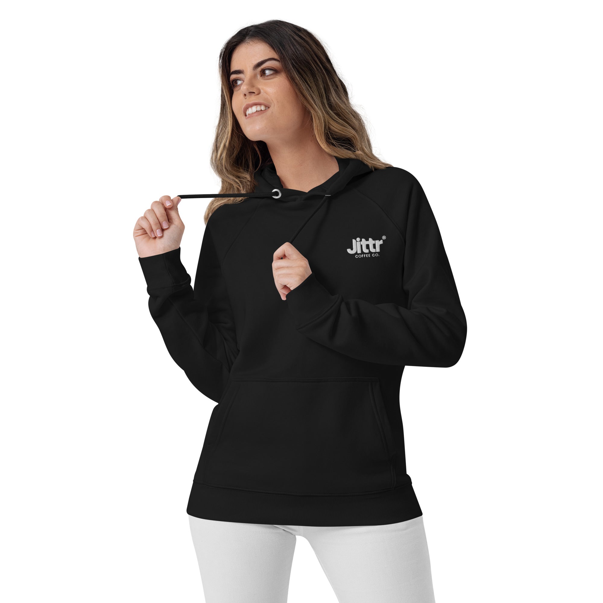 Black Unisex Embroidered Eco Raglan Hoodie. - Jittr Coffee Co