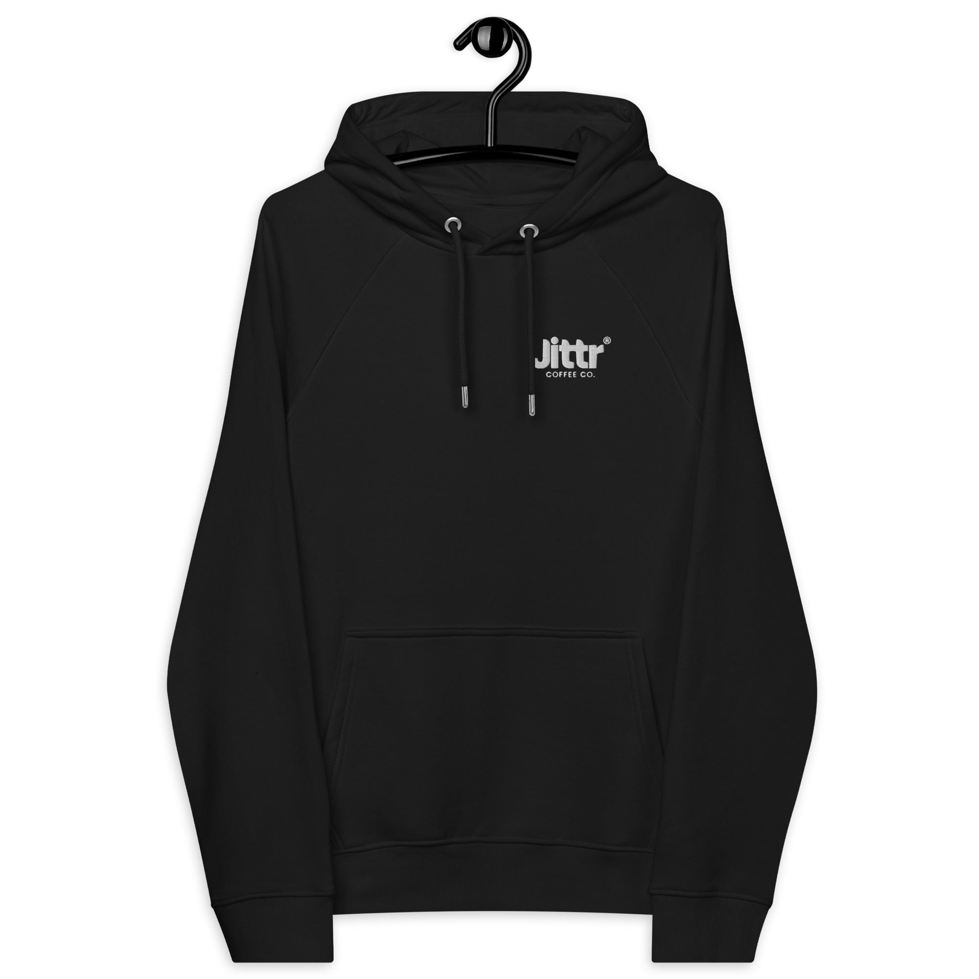 Black Unisex Embroidered Eco Raglan Hoodie. - Jittr Coffee Co